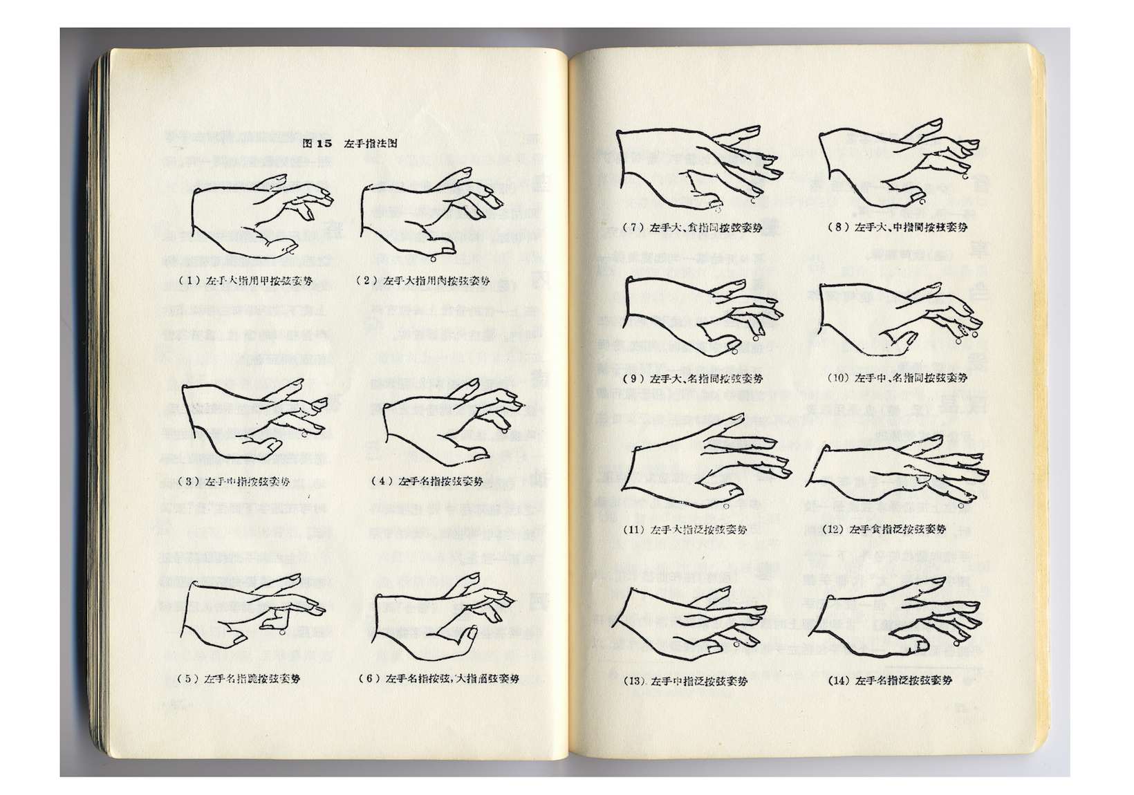 Guqin chujie 古琴初階 page du livre avec illustrations de mains